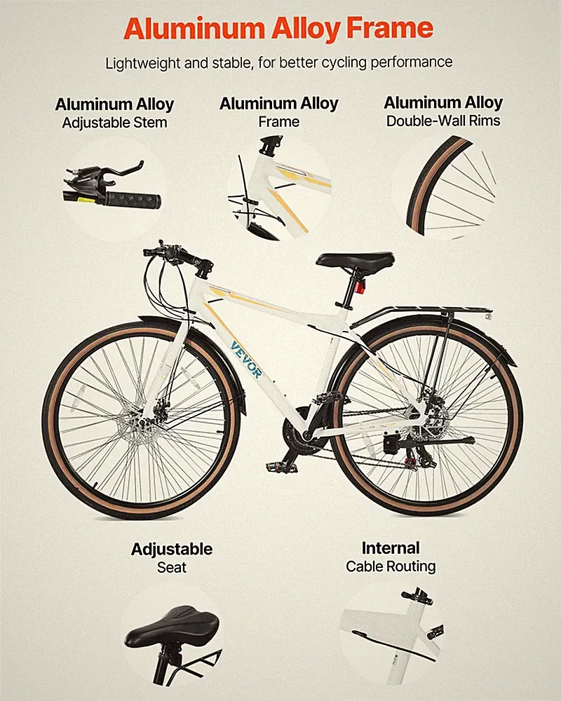 Hybrid Bike, Lightweight Aluminum Frame Bike, Dual Brakes 035